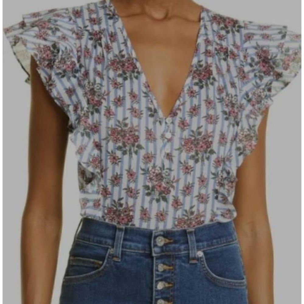Veronica Beard "Joi" Floral & Stripe 100% Cotton Blouse Size 00